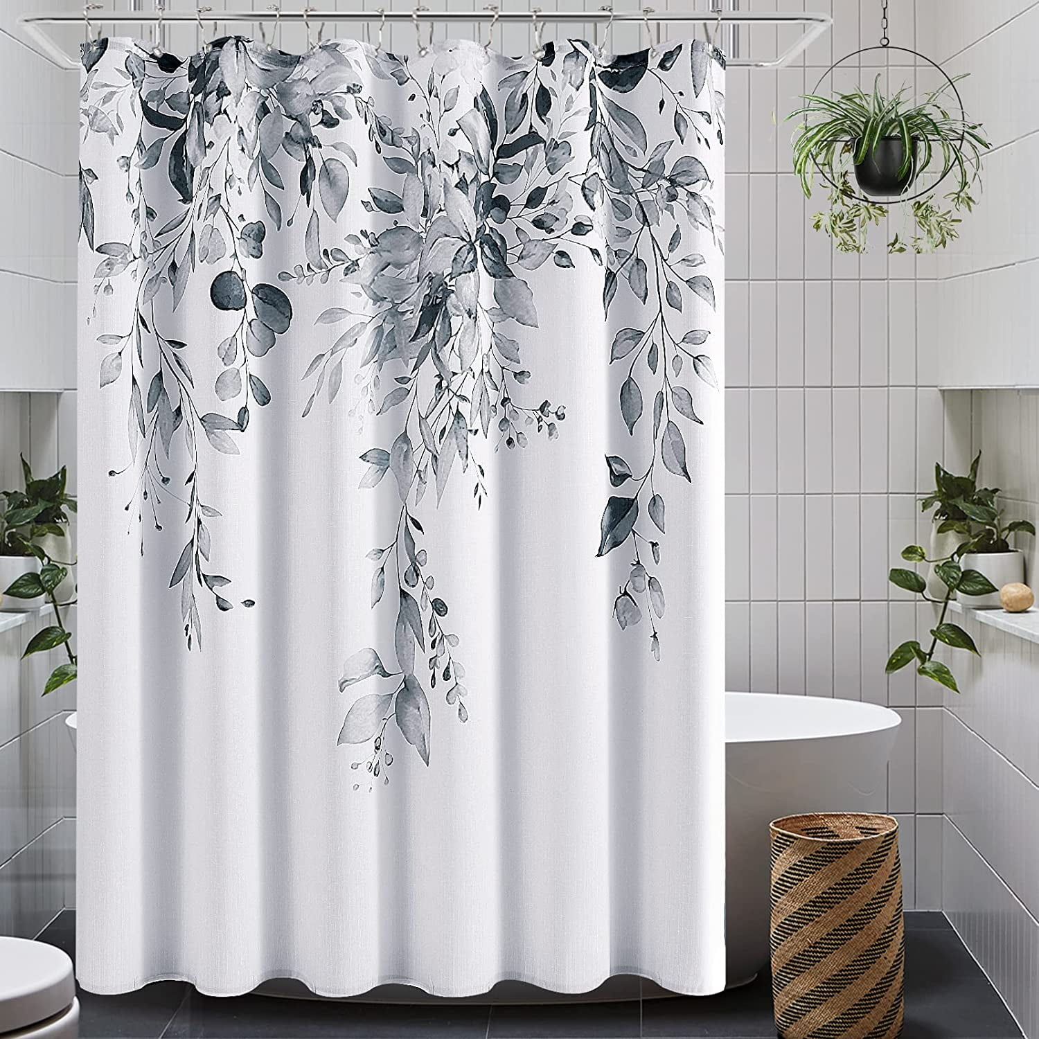Grey Shower Curtain for Bathroom, Beautiful Modern Leaf and Floral