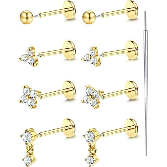 18K Gold Plated Threadless Flat Back Earrings Studs 316L Surgical Steel Push in Nose Studs Rings 20G 18G 16G CZ Tragus Cartilage Helix Conch Lip Labret Medusa Nostril Piercing Jewelry Hypoallergenic