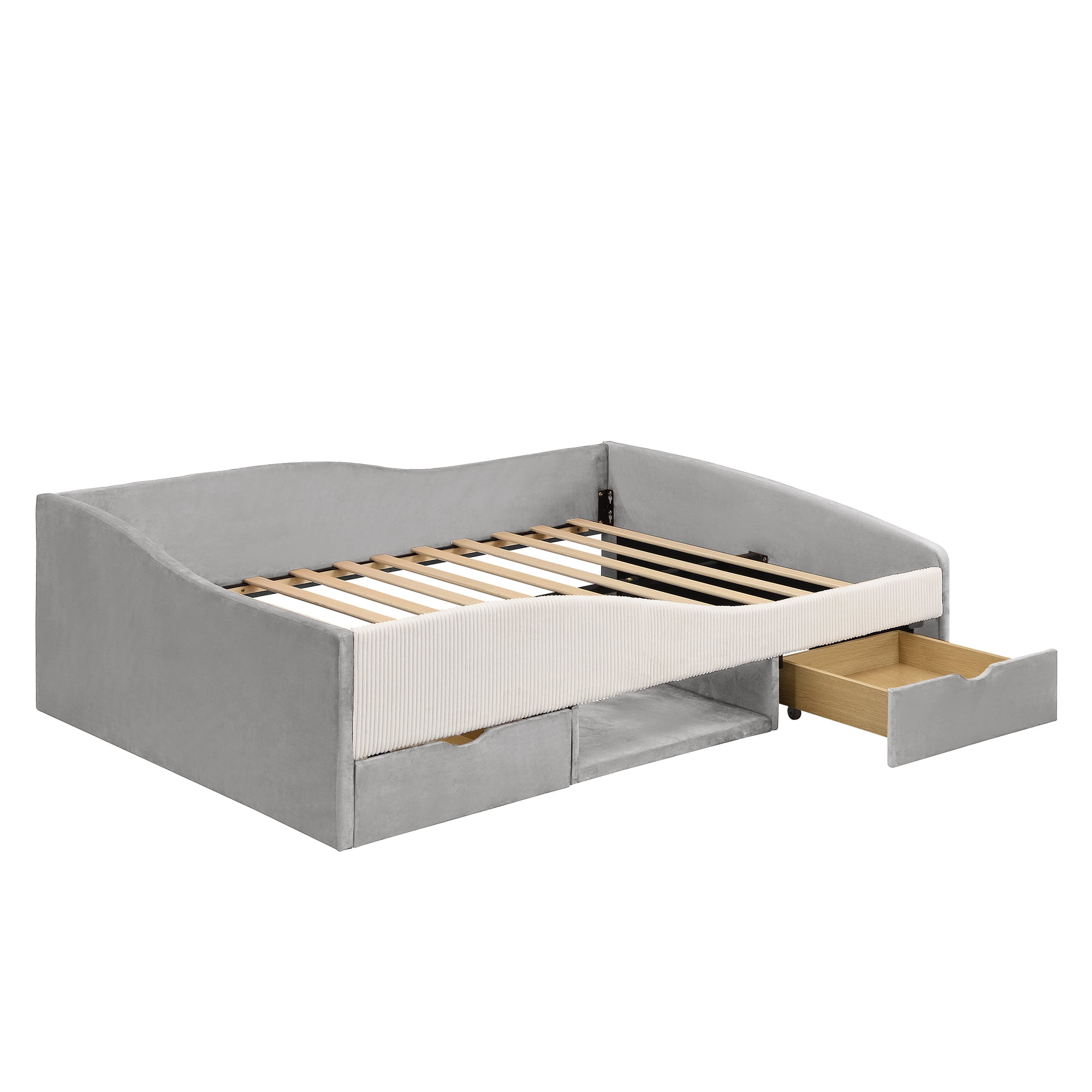 Mintazer Full Size Cool Upholstered Daybed Frame with 2 Storage Drawers & Open Shelf & Guardrail for Kids Boys Girls, Gray