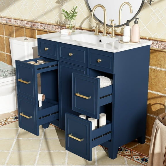 36" Blue Bathroom Vanity with Ceramic Sink, Solid Wood Frame, Soft Close Doors, Adjustable Shelves, 3 Storage Drawers Including Double-Depth Drawer for Hairdryer