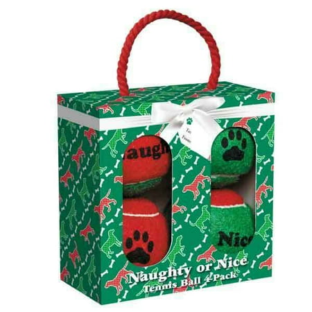 Dog Christmas Gifts Naughty or Nice Dog Tennis Ball Holiday Gift Box Red Green Toys Christmas 4 Pack ()