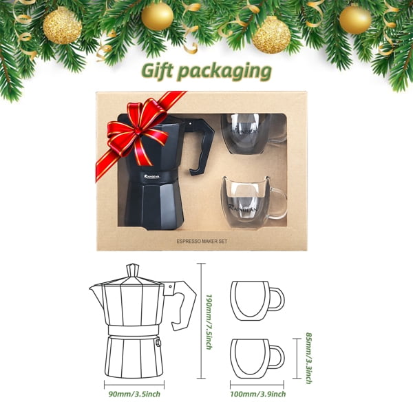 Fithood Stovetop Espresso Maker 6-Cup Espresso Cup Moka Pot Classic Cafe  Maker Percolator Coffee Maker Italian Espresso for Gas or Electric Aluminum  Black Gift package with 2 cups 