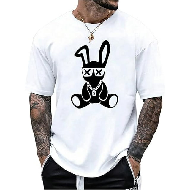 mens casual graphic t shirt 100 cotton relaxed fit short sleeve tee with rabbit skull print lightweight 170gsm breathable fabric machine washable for casual attire apparel edgy machine washable cloth