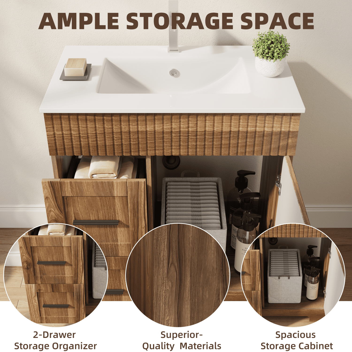 Erinnyees 30" Wooden Freestanding Bathroom Vanity with Ceramic Sink, Walnut Cabinet Featuring a Door & 2 Spacious Drawers