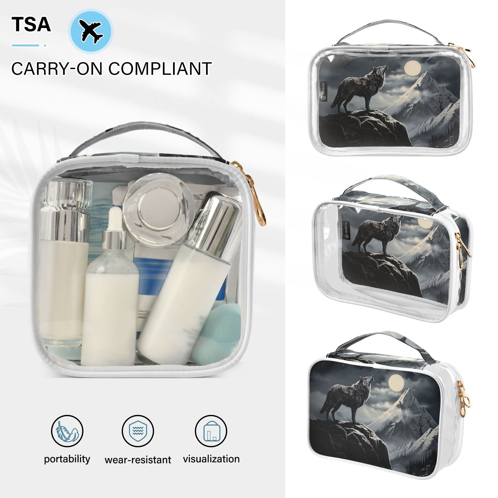 Clear Makeup Bags with Handle Large Opening 2 Pack Set Toiletry Bag Quart Size Bag, for Women Man Traveling Travel Essentials, Toiletries and Other. Wolf