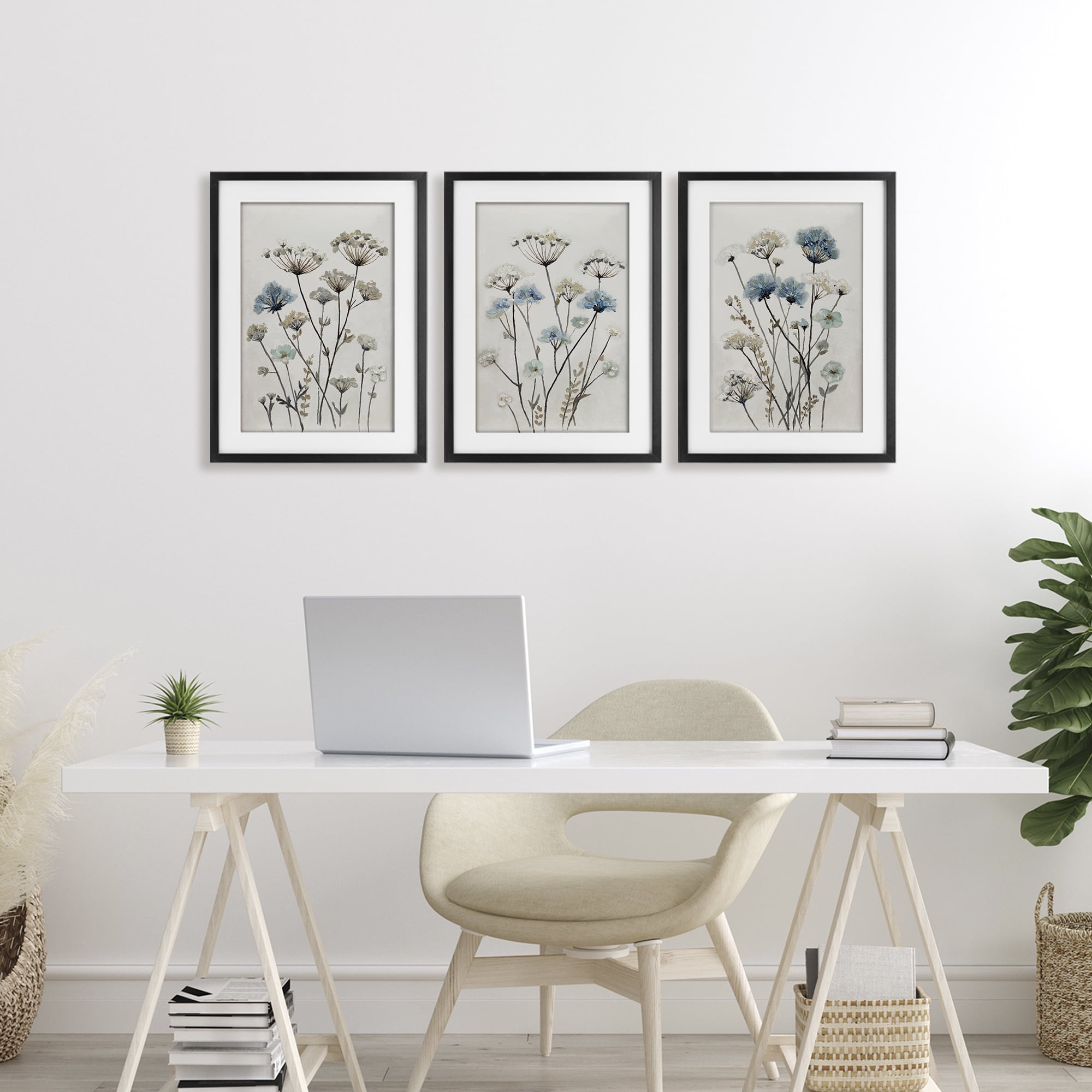 Stupell Industries Neutral & Blue Garden 3 Piece Black Framed Print Under Glass Set, design by Patricia Pinto
