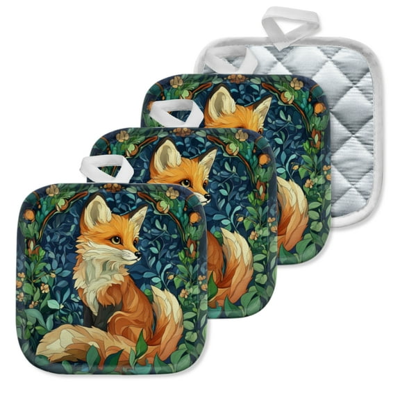4 Pack Pot Holders,Kitchen Essential, Potholder Set,Fox In A Greenery Filled Decorative Illustration