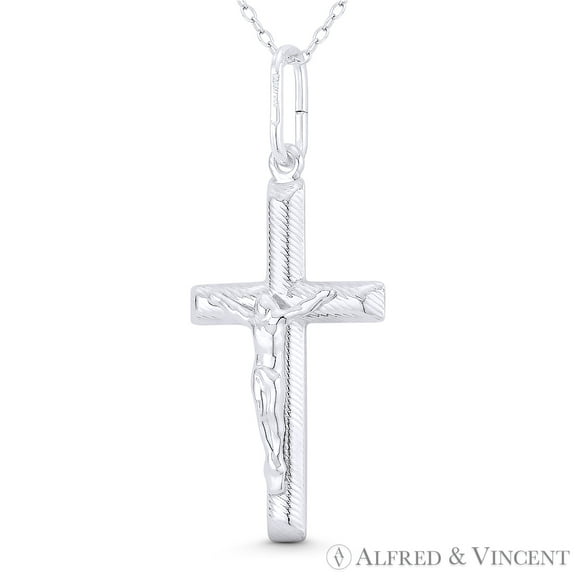 Jesus Christ on Ribbed-Texture Latin Crucifix Christian Catholic Cross Pendant in .925 Sterling Silver