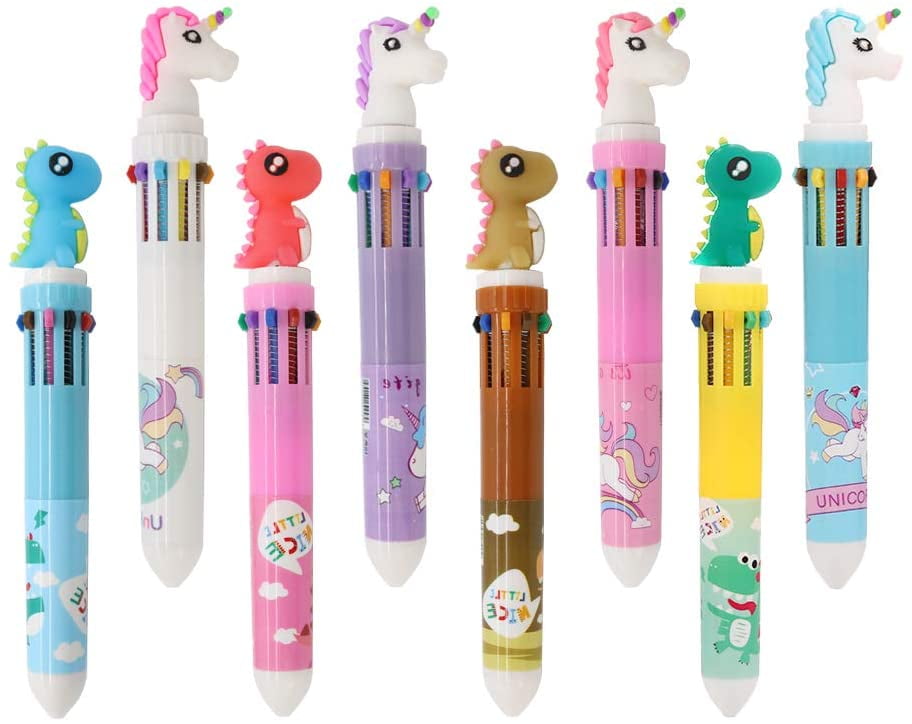 Shuttle Pens Ballpoint Pen Retractable Gel Pen 10-in-1 Shuttle Pens 8 Multicolor Dinosaur Unicorn 0.5mm Liquid Ink Pens for Office School Supplies Students Children Gift (8PCS-A)
