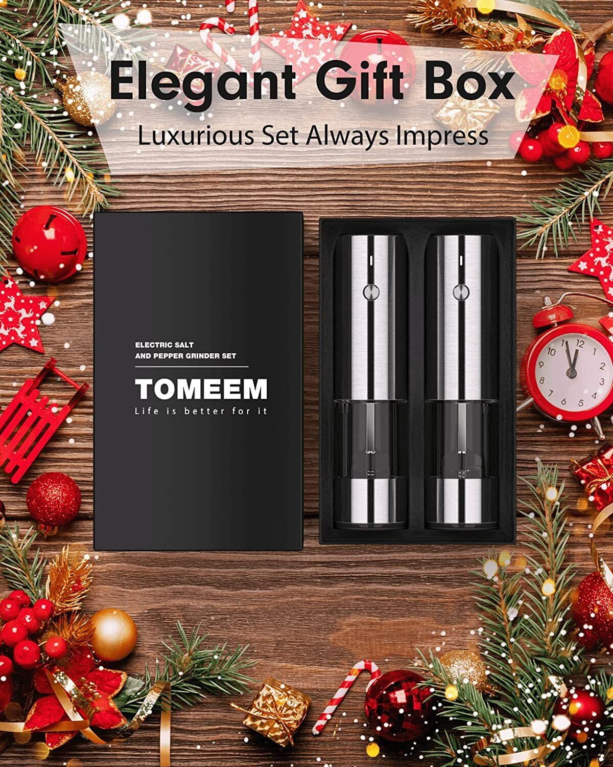 TOMEEM Electric Salt and Pepper Grinder Set Stainless Steel Automatic One Hand Operation Adjustable Coarseness Mill Grinders Shakers & LED Light Refillable
