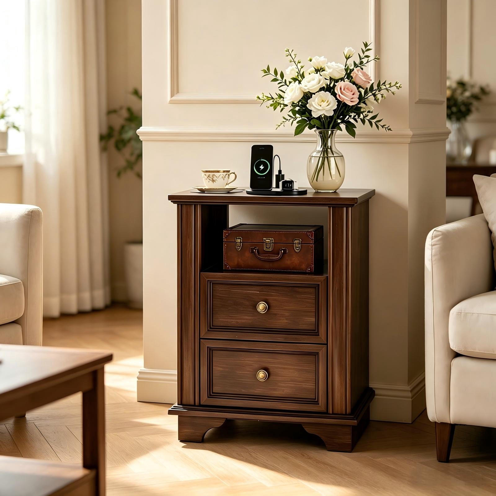 2-Drawer Bedside Table with Shelves and Sockets, MDF Painted Retro Nightstand, Brown, 19.69 x 13.78 x 25.67 in