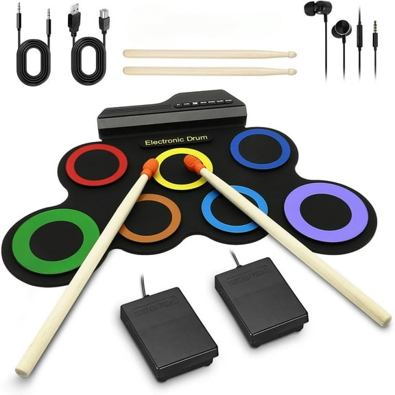 Portable Electronic Drum Set - 7 Pads Roll up Drum Practice Pad with Pedals & Stick, Jack in Drum Set Kit for Kids and Adults, Great Holiday Christmas & Birthday Gift