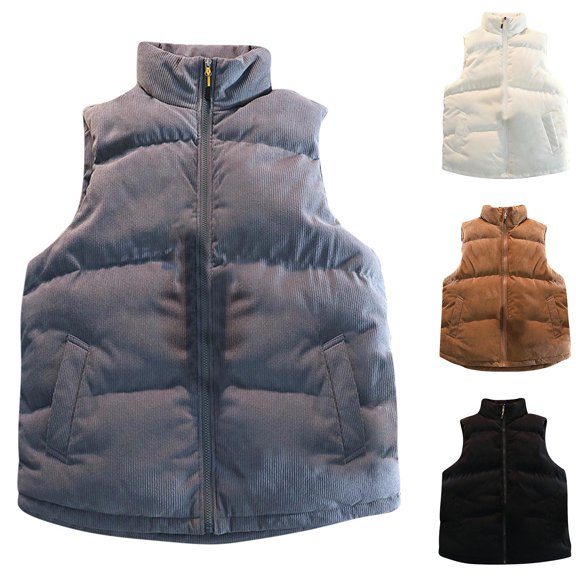Lovskoo Mens Winter Coats Corduroy Quilted Puffer Vest Stand Collar Sports Sleeveless Casual Loose Hiking Outdoor Vest Jackets White
