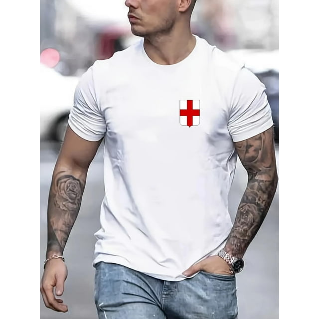 England Flag Print T Shirt, Tees For Men, Casual Short Sleeve T-shirt For Summer