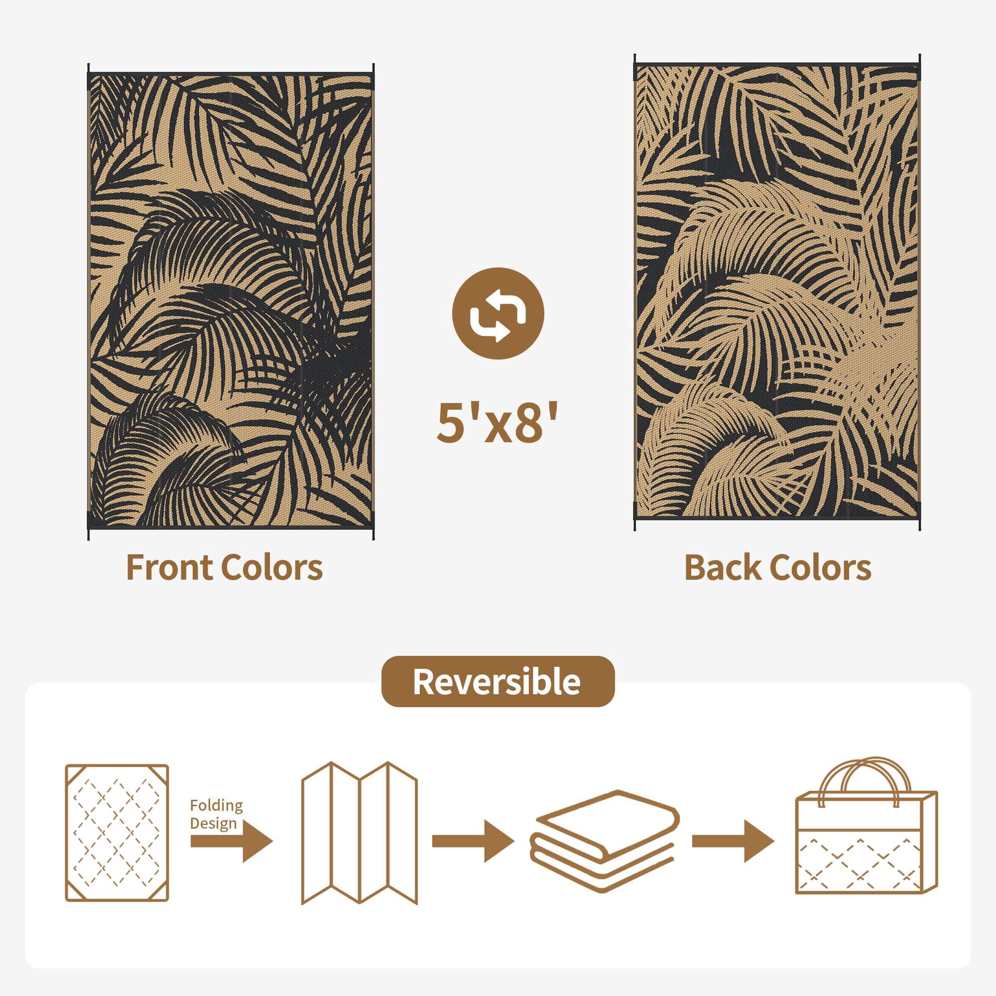 DEORAB 5'x8' Outdoor Rugs Waterproof Patio Reversible Plastic Straw Carpet Camping Outside Mat For Garden Balcony Camping Porch, Black & Brown