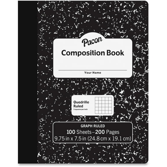 Pacon Composition Book 100 Sheets - 200 Pages - Quad Ruled - 0.20" Ruled - 9.8" x 7.5"0.1" - White Paper - Black Marble Cover - Durable, Hard Cover - 100 / Each