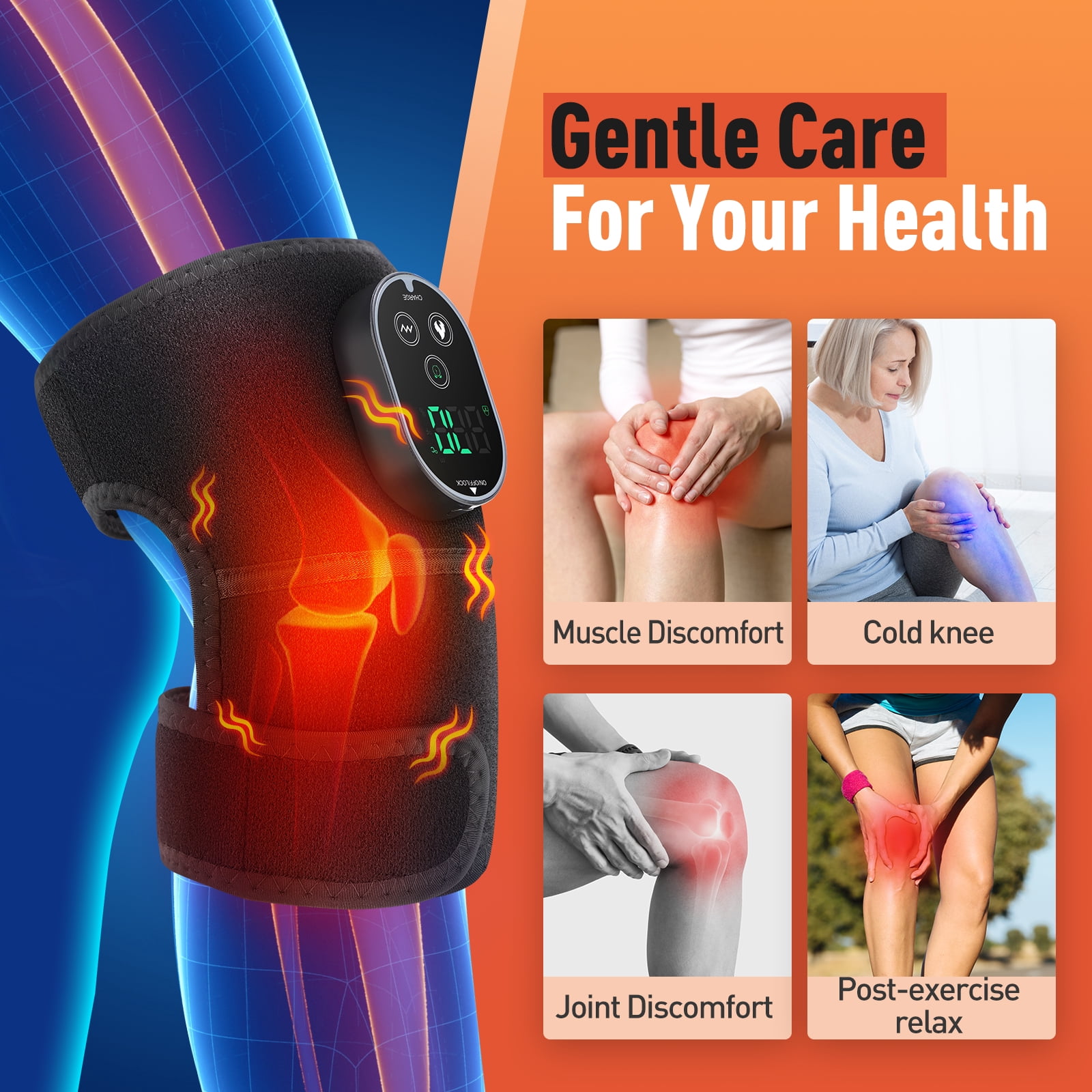 Cordless Heated Knee Massager with Vibration, Heated Knee Brace Wrap, Heating Shoulder Brace Support Wrap for Knee Elbow, Heating Pad with 6 Heating Levels, 3 Massage Modes&Timer(Gray)