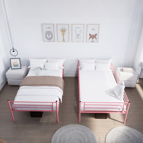 Twin Over Twin Metal Bunk Bed with Ladder and High Guardrail, Convertible to 2 Twin Beds, Noise-Free, Storage Space, Pink