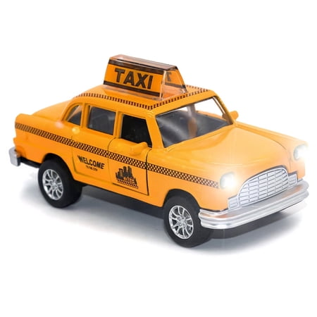 Diecast NYC Taxi Cab Toy for Kids Boys Adults, 4.5 inch Yellow Checker Cab with Pull Back Action, Lights and Sounds