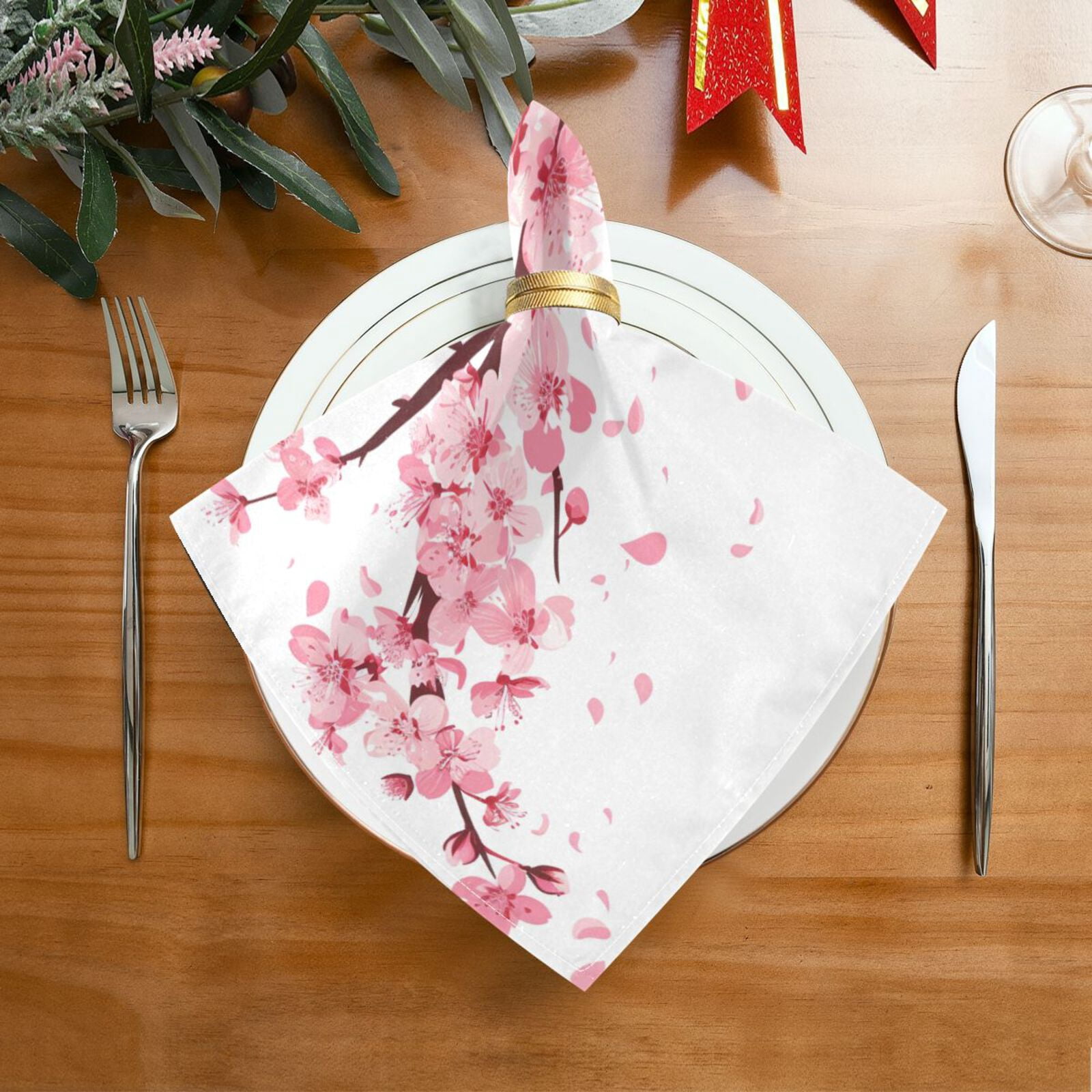 JSTEL Pink Cherry Blossom Flower Floral 6 Cloth Napkins Set of 6, 20x20 Inch Washable and Reusable Napkin for Decoupage Dinner Party Everyday Use