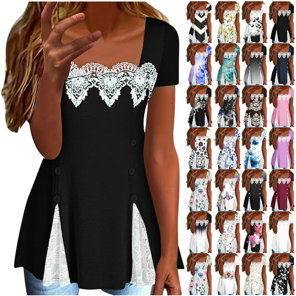 BiZtdJrK Daily Sales of The Day Women's Summer Tops Casual Cutout Lace Patchwork T Shirts Square Neck Pullover Blouses Short Sleeve Beach Vacation Clothes Black M