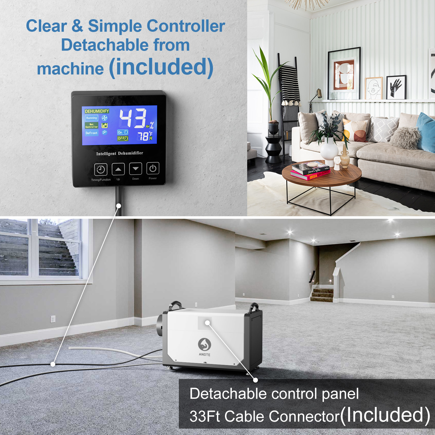 ANDTE 145 Pints Commercial Dehumidifier with Remote Control, Covers up to 2,800 sq. ft, Compact Dehumidifier for Crawl Spaces and Basements