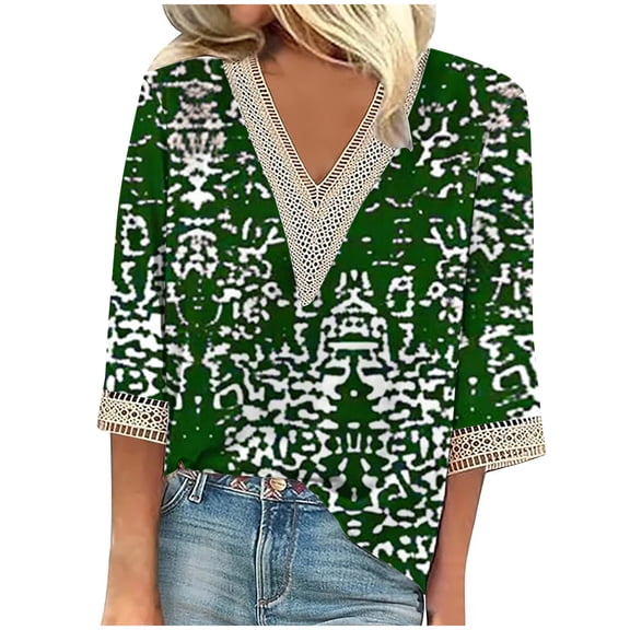Stamzod 3 Quarter Sleeve Tops for Women Fashion Vintage Printed V Neck Pullover Tops Casual Loose Summer Beach Vacation Clothes for Women Green M