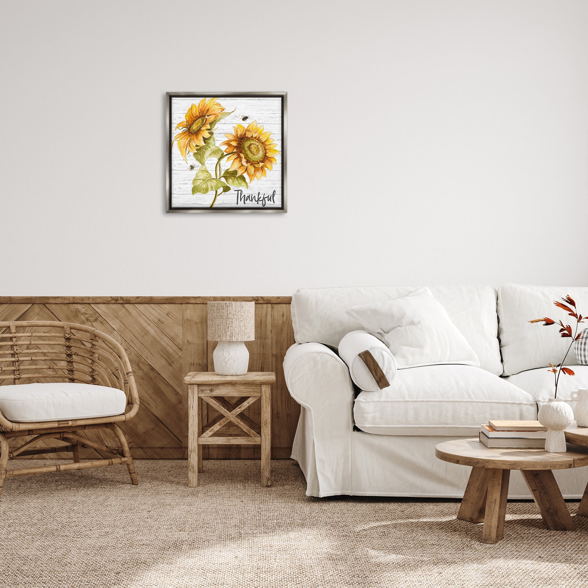 Stupell Industries Thankful Country Sunflowers Botanical & Floral Painting Gray Floater Framed Canvas Art Print Wall Art, 25 x 25