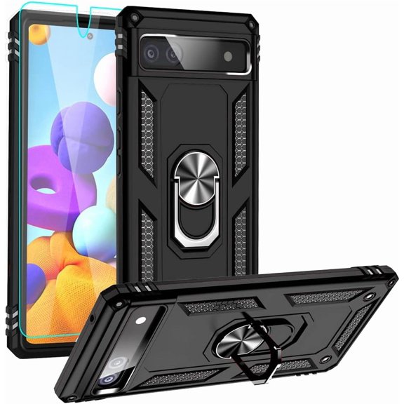 MYKOMI Designed for Google Pixel 6a Case with HD Screen Protector, Military-Grade Metal Ring Holder Kickstand 15ft Drop Tested Shockproof Cover Case for Pixel 6a