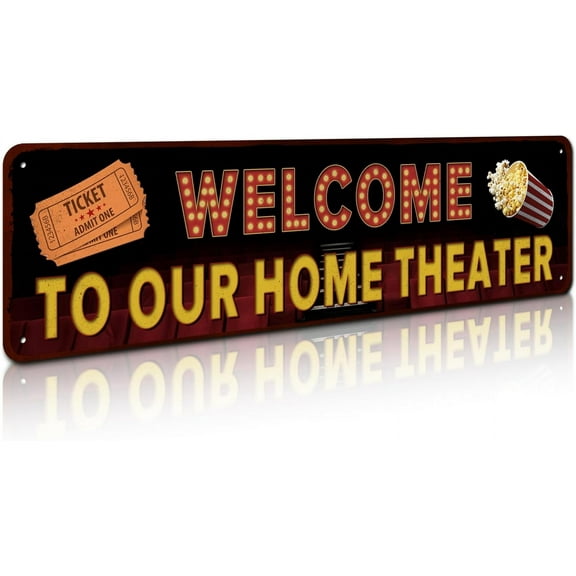 Movie Theater Sign, Vintage Wall Decor for Bar, Cafes Pubs, Media Room, 4x16 Inches Metal Sign (Welcome to Our Home Theater)