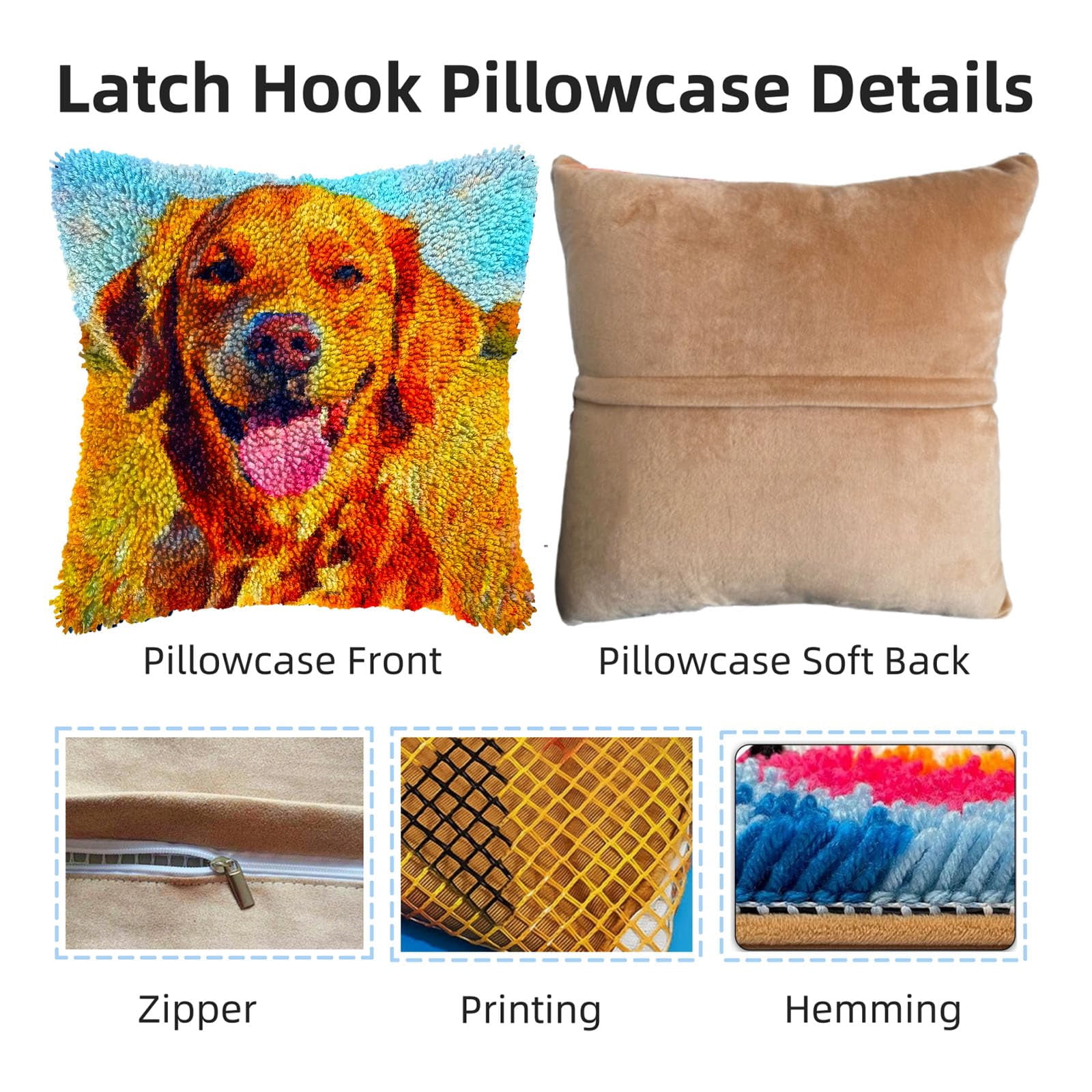 Golden Retriever Terrier DIY Latch Hook Pillow Kits for Adults Printed Pillowcase Crochet Yarns Hooking Handmade Pillow Cover Cushion for Home Sofa Decoration 17x17inch(1)