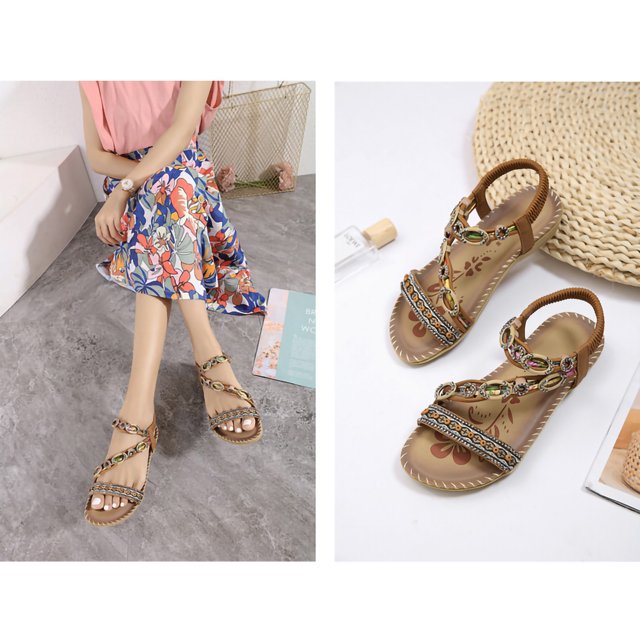 Sandalias de playa con diamantes de imitación y flores planas bohemias Wmkox8yii nm1274