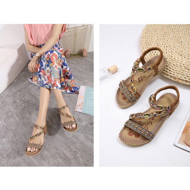 Sandalias de playa con diamantes de imitación y flores planas bohemias Wmkox8yii nm1274
