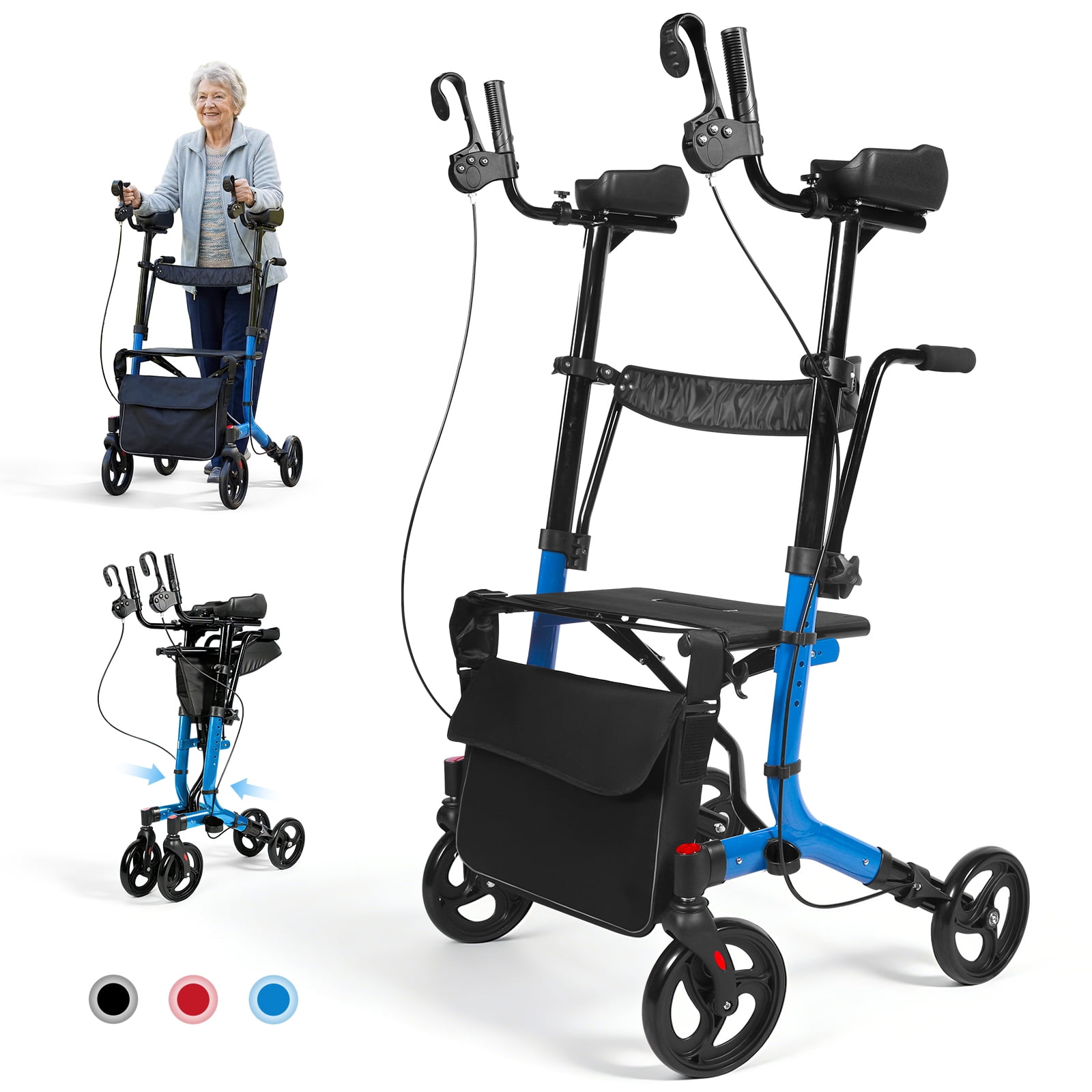 LiltJan 2-in-1 Upright Rollator Walker for Seniors - Lightweight Foldable Walker with Seat & Adjustable Arm Supports, Standing & Seated Transport Chair, 300 lbs Capacity