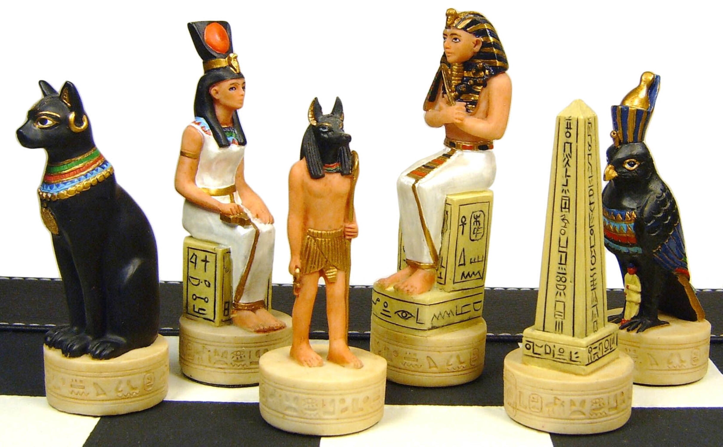 Egyptian Anubis Gold  Buff Chess Set with 18" Black  White Faux Leather Board