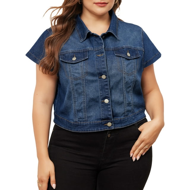 Tops de chaleco de mezclilla de talla grande Agnes Orinda para mujeres, chaqueta de jean de manga corta con botones estilo Y2K, 3X, azul oscuro