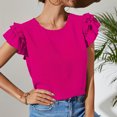 thumbnail image 4 of Blusa de manga con volantes en capas para mujer, cuello redondo, color puro, elegante, holgada, informal, camiseta de verano, rojo rosa M, 4 of 8