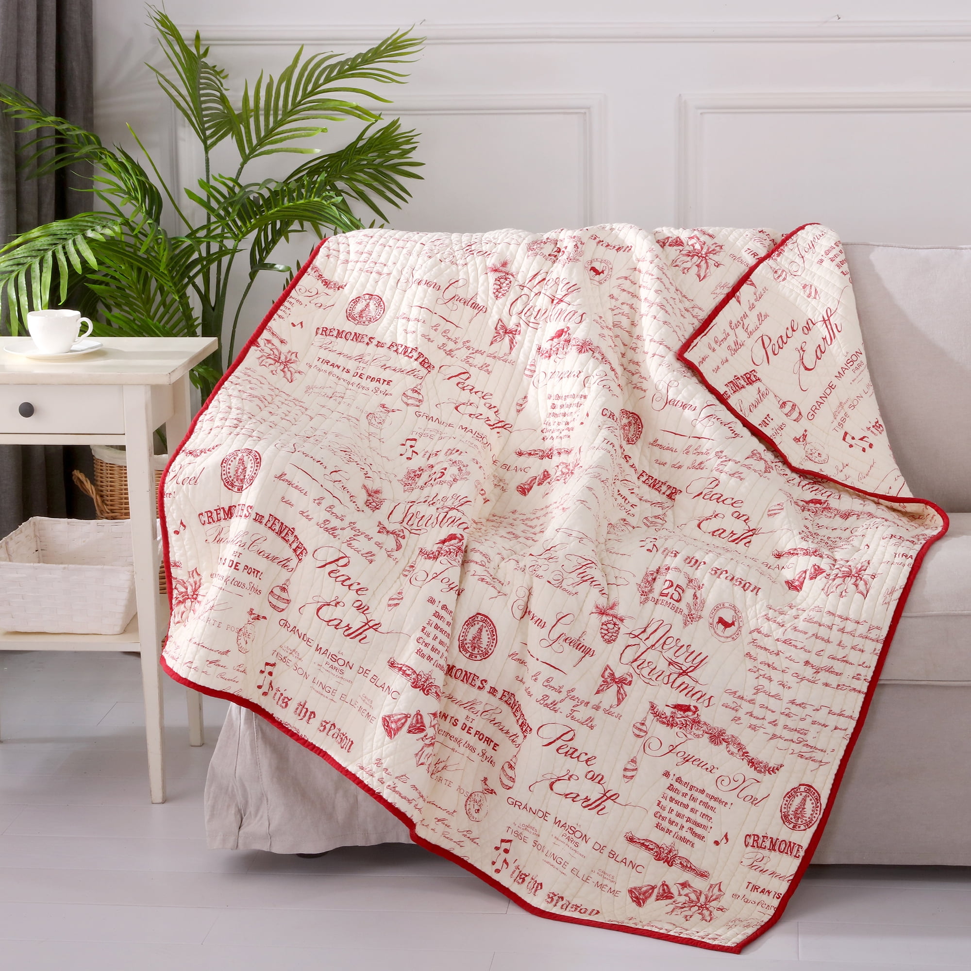 Levtex - Noelle - Quilted Throw - 50x60in. - Christmas Script - Red and Cream - Reversible 