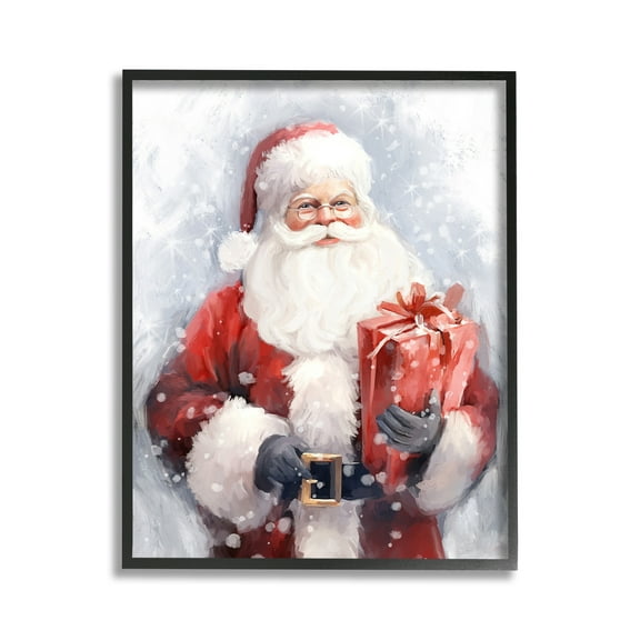 Stupell Industries Santa with Red Gift Holiday Painting Black Framed Art Print Wall Art, 11 x 14