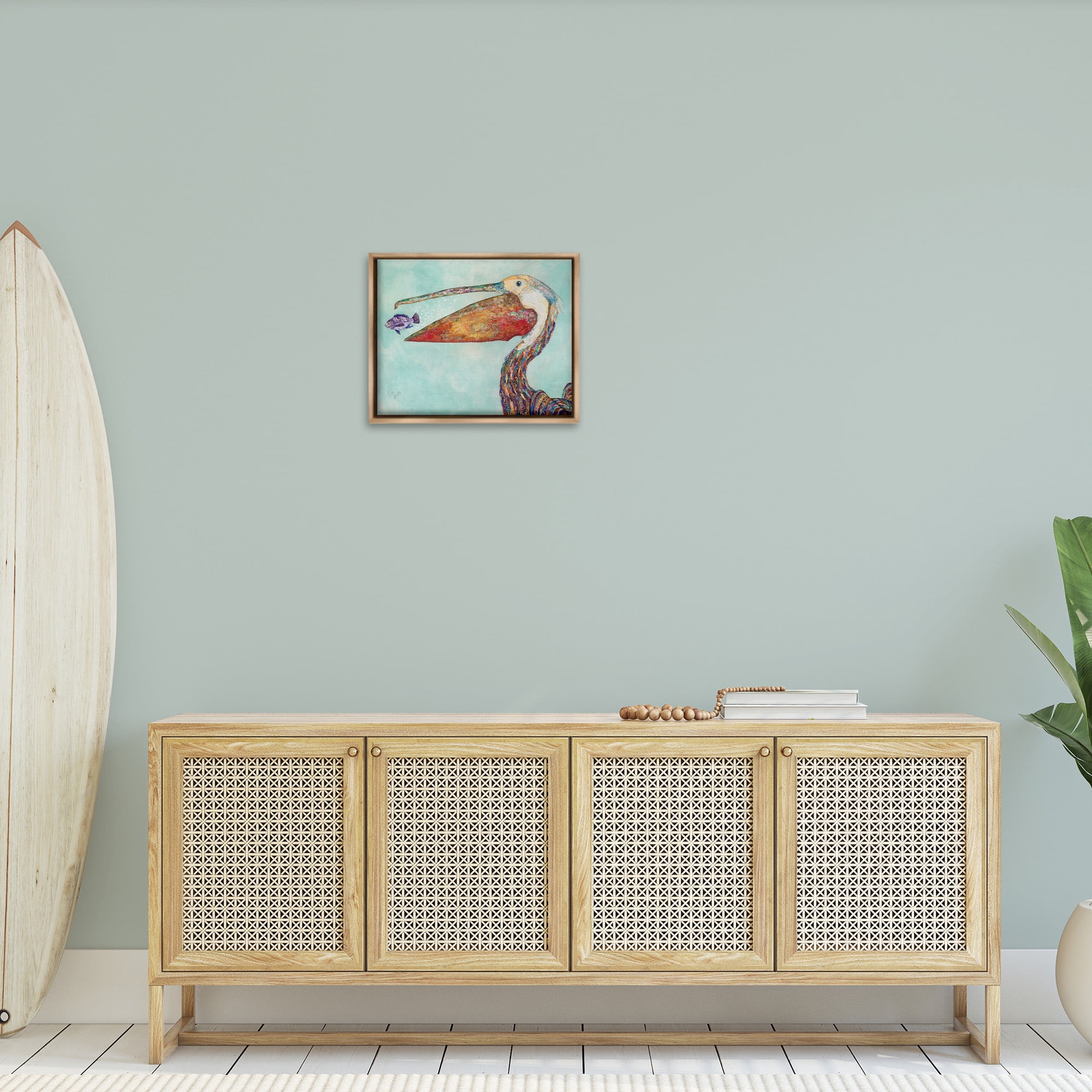 Stupell Industries Pelican's Lost Supper Fish Animals & Insects Painting Brown Floater Framed Canvas Art Print Wall Art, 21 x 17