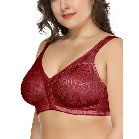 Deyllo Women s Non Padded Wireless Bras Plus Size Full Coverage Minimizer Bra  Red 40DDD