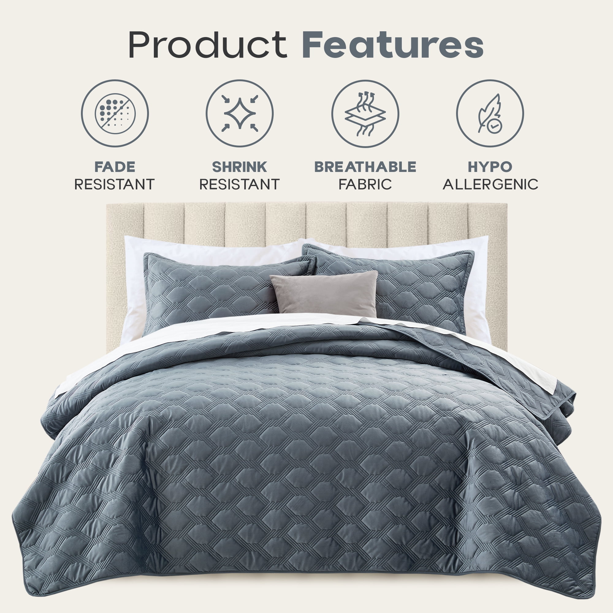 Ameha Velvet Bedspread King Size 3 Piece Set Bluish Grey Geometric Quilt Ultra Soft Lightweight Reversible Washable Bedding 350GSM