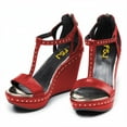 thumbnail image 3 of FSJ Women T-Strap Studded Wedge High Heels Open Toe Platform Back Zipper Sandals Fashion Cocktail Party Summer Shoes Size 4 Red, 3 of 5