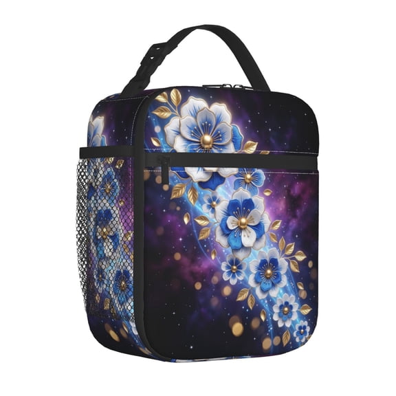 White Rose Lunch Bag Insulated Reusable Cooler Tote Portable Meal Prep Bag Side Mesh Pocket Work Office Picnic