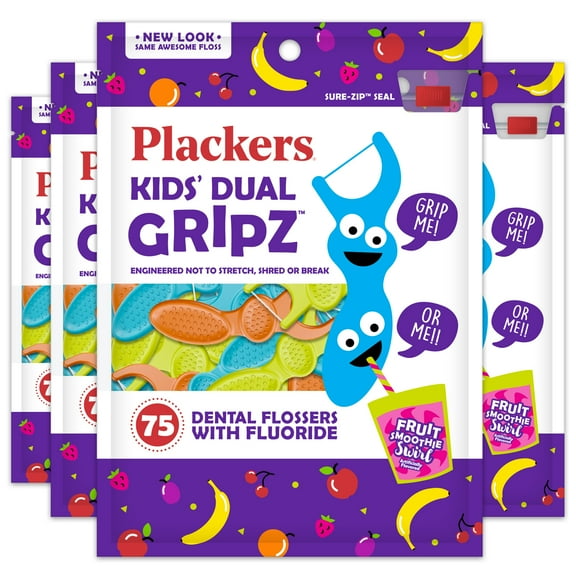 OLD Plackers Kids Dental Floss Picks, Fruit Smoothie Swirl with Fluoride & Dual Grip, 75 Count (Pack of 4)