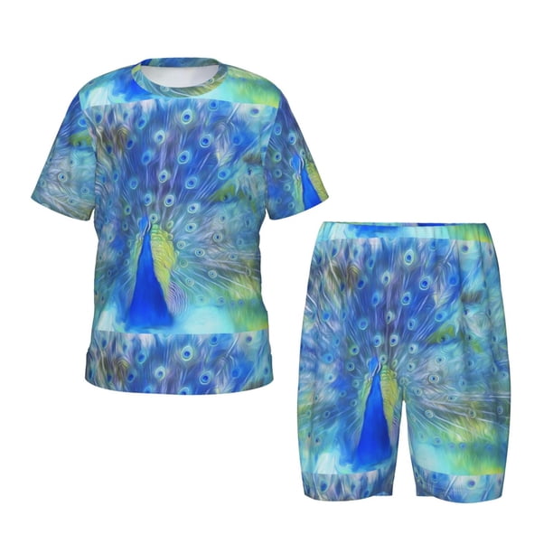 Fotbe Peacock Pijama Estampada de 2 Piezas para Niños – Ropa de Dormir de Manga Corta Cómoda para Niños y Niñas, Camiseta y Shorts de Algodón-Large