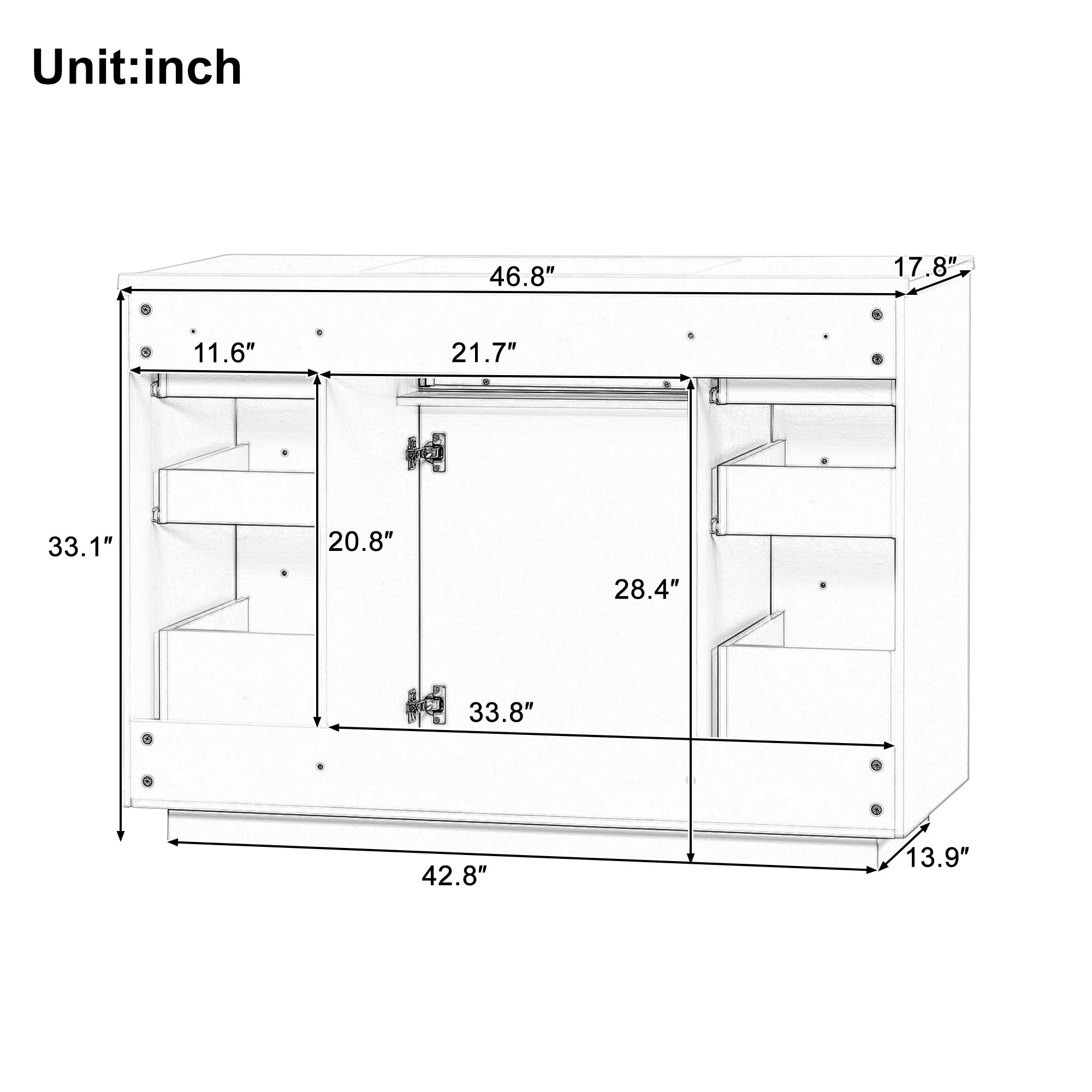 48" Bathroom Vanity without Sink, Cabinet Base Only, Bathroom Cabinet with 6 Pull-Out Drawers, 1 Tip-Out Drawer and 1 Door, Soft-close Hinges, Smooth Painted Finish, Sturdy Construction, White