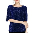 thumbnail image 2 of Blue Womens Blouses Sequin 3/4 Sleeve Tops for Women Trendy Spring Summer Glitter Blouses Crew Neck Fashion Sparkly Shirts Ladies Tops and Blouses, 2 of 5