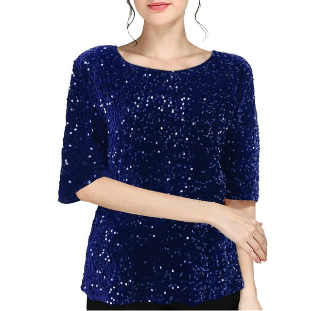 Breezora Haut à Paillettes Scintillant pour Femmes, Col Rond Tendance, Manches 3/4, Blouse à Paillettes, Chemise Festive pour les Fêtes, Essentiel de Garde-Robe Printemps Été, Taille P, Bleu
