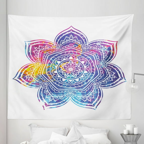 Leaf Tapestry, Watercolor Vivid Mandala Art, Fabric Wall Hanging Decor for Bedroom Living Room Dorm, 5 Sizes, Earth Yellow Violet Blue, by Ambesonne